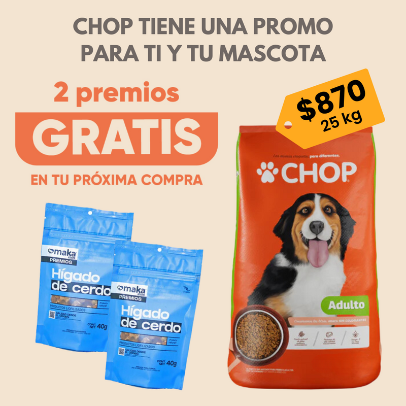 Chop Adulto (22% proteína) + 2 Premios Hígado Cerdo Gratis